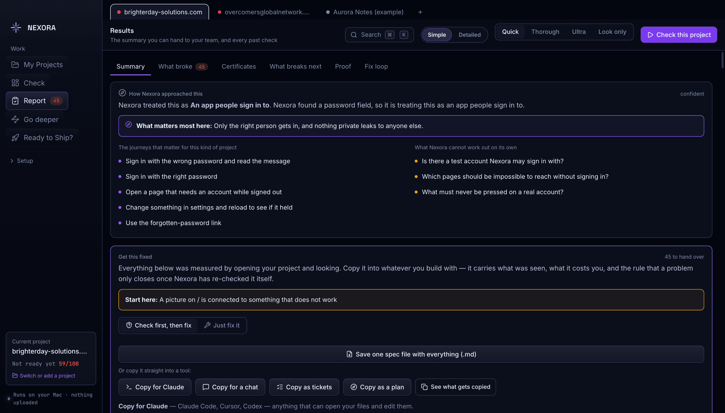 A Nexora report listing 45 findings with a handoff panel offering to copy the fix package for Claude, Cursor or Codex